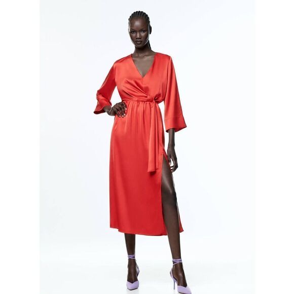 ZARA RED SATIN MIDI DRESS NEW - Picture 10 of 10